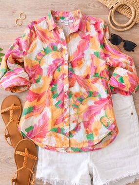 Chico's Multicolor Floral Button-Down Shirt - Pink, Orange, Green